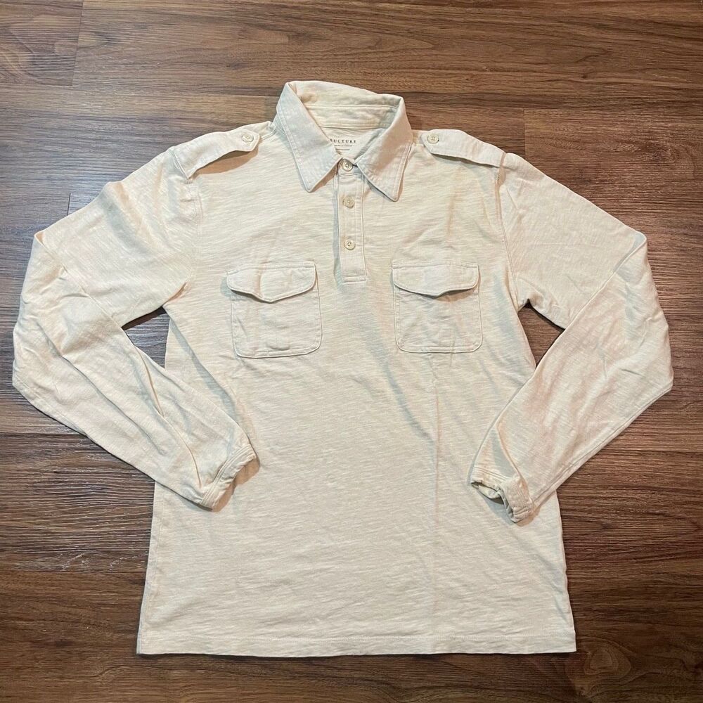Structure Mens Polo Long Sleeve Shirt Collared Size Small Tan Casual Cotton